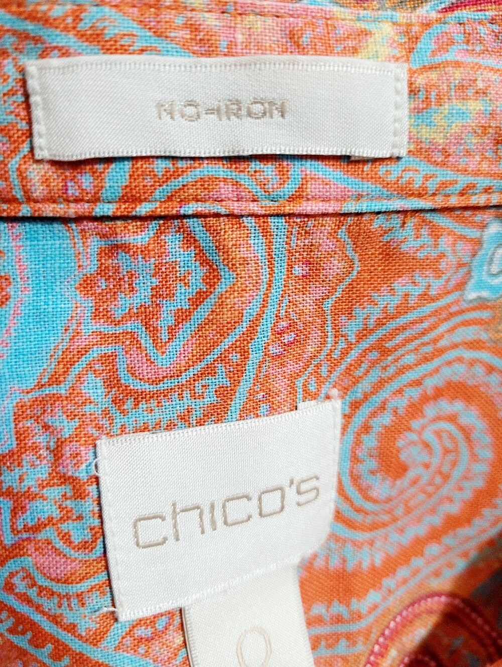 Chico's Size Small 100% Linen Paisley Button Front Shirt Coral Blue 3/4 Sleeve - Picture 6 of 13